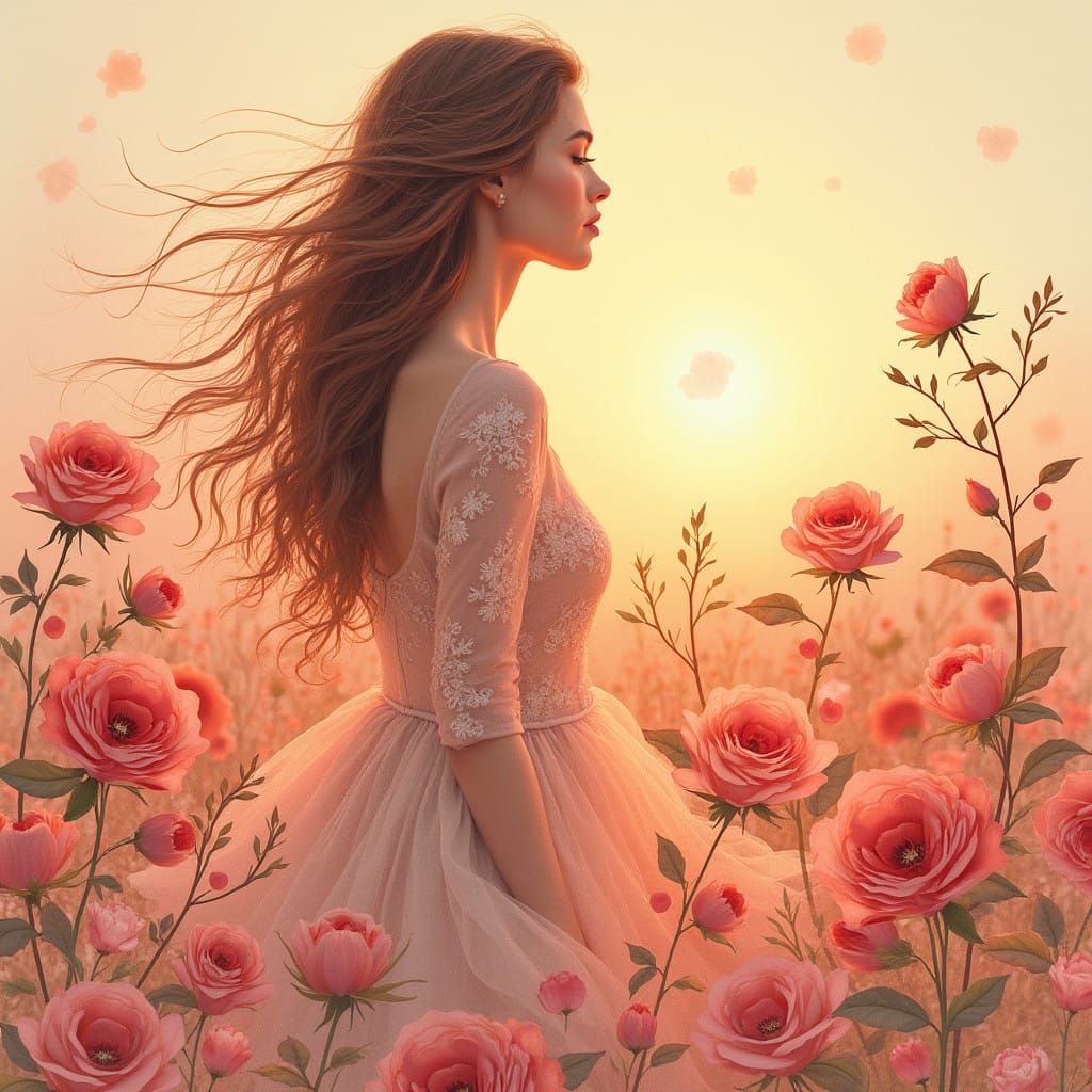 Ethereal Woman Amidst Roses During Sunset in Nouveau Art Sty...