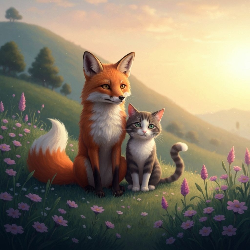 Fox and Cat Best Friends on Hillside at Dawn
