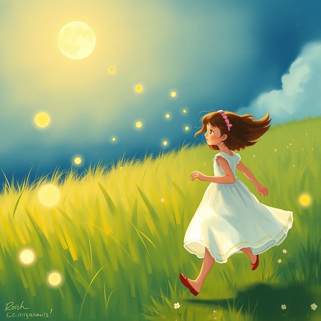 Whimsical Girl Chases Fireflies Under Moonlit Sky