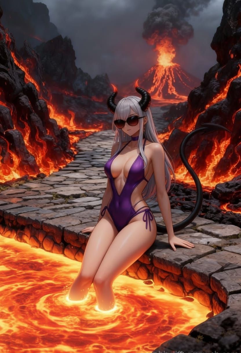 Woman with Tail in Tempting Swimsuit, Semi-Realistic Anime S...