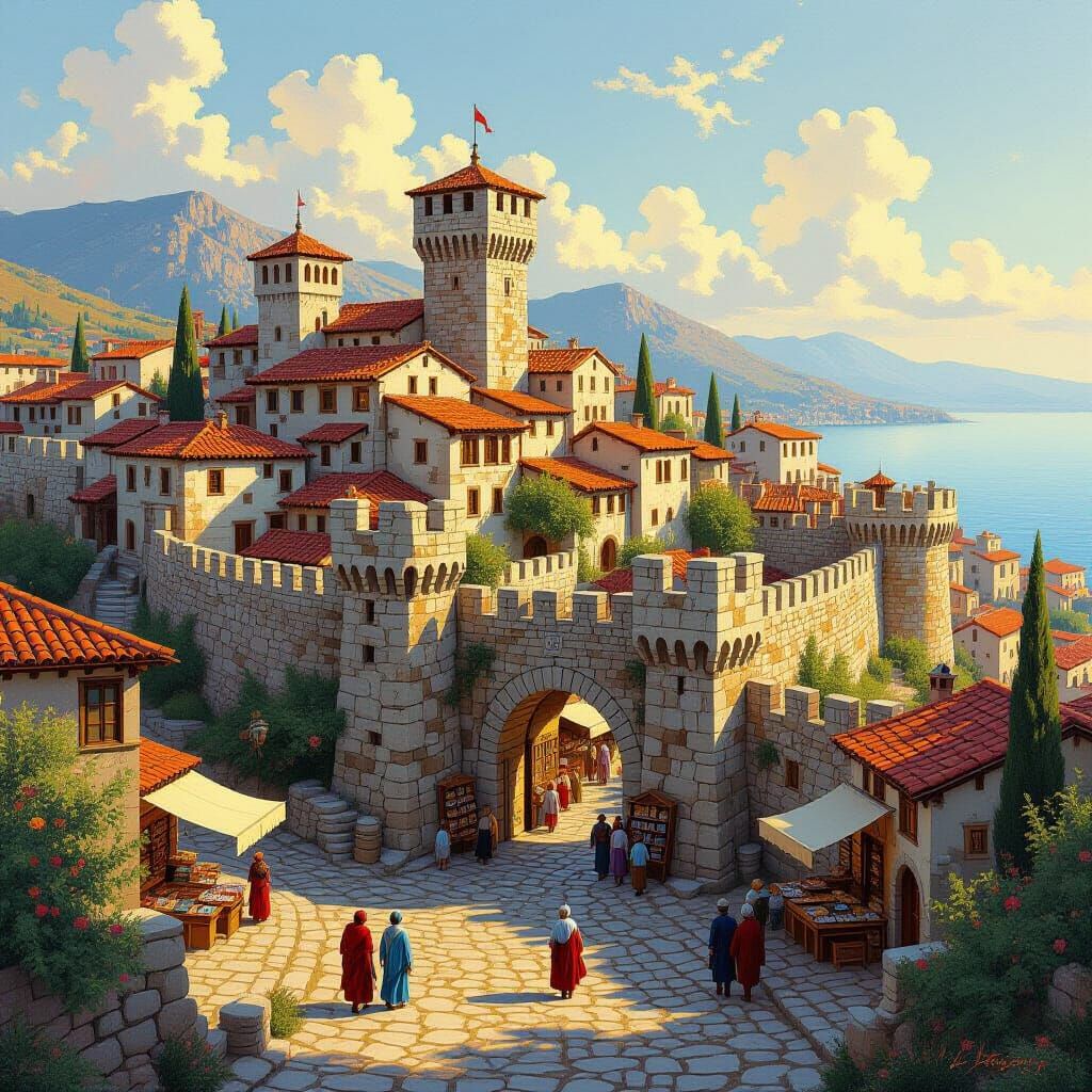 Byzantine Village on Adriatic Hills as Oil Painting