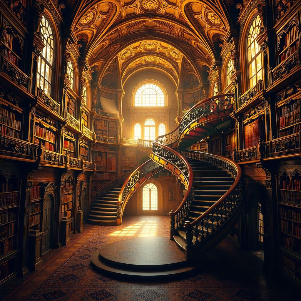 Renaissance Library with Central Spiral Staircase