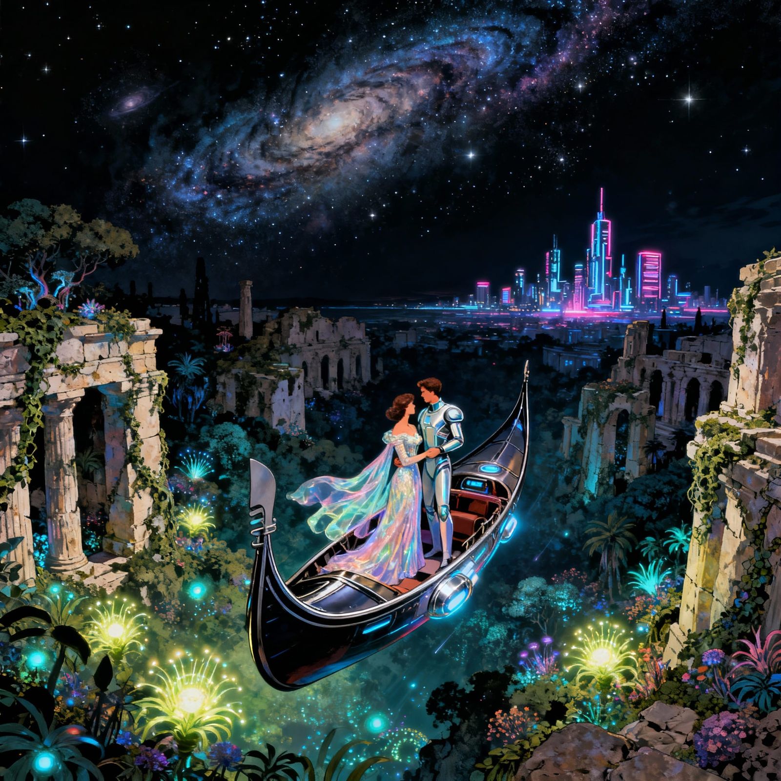 Couple's Retrofuturist Voyage Over Bioluminescent Ruins