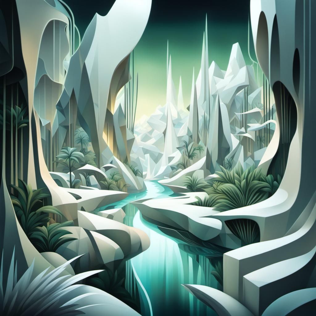 Surreal Cubist Dreamscape: Futuristic Jungle River