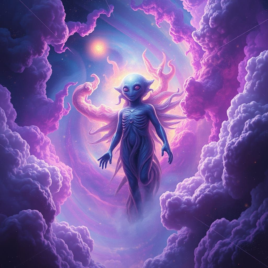 Celestial Being in Iridescent Alien Nebula