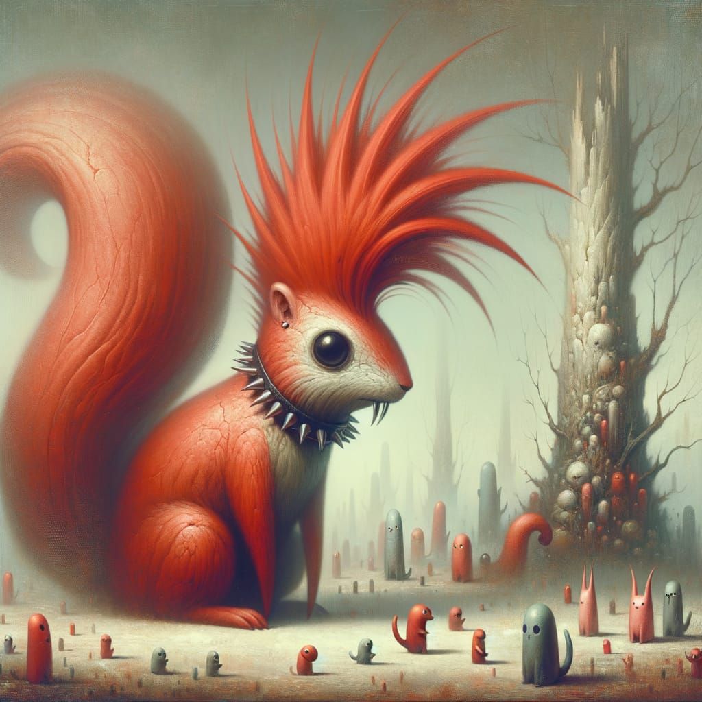 Surreal Punk Squirrel Painting with Whimsical Characters