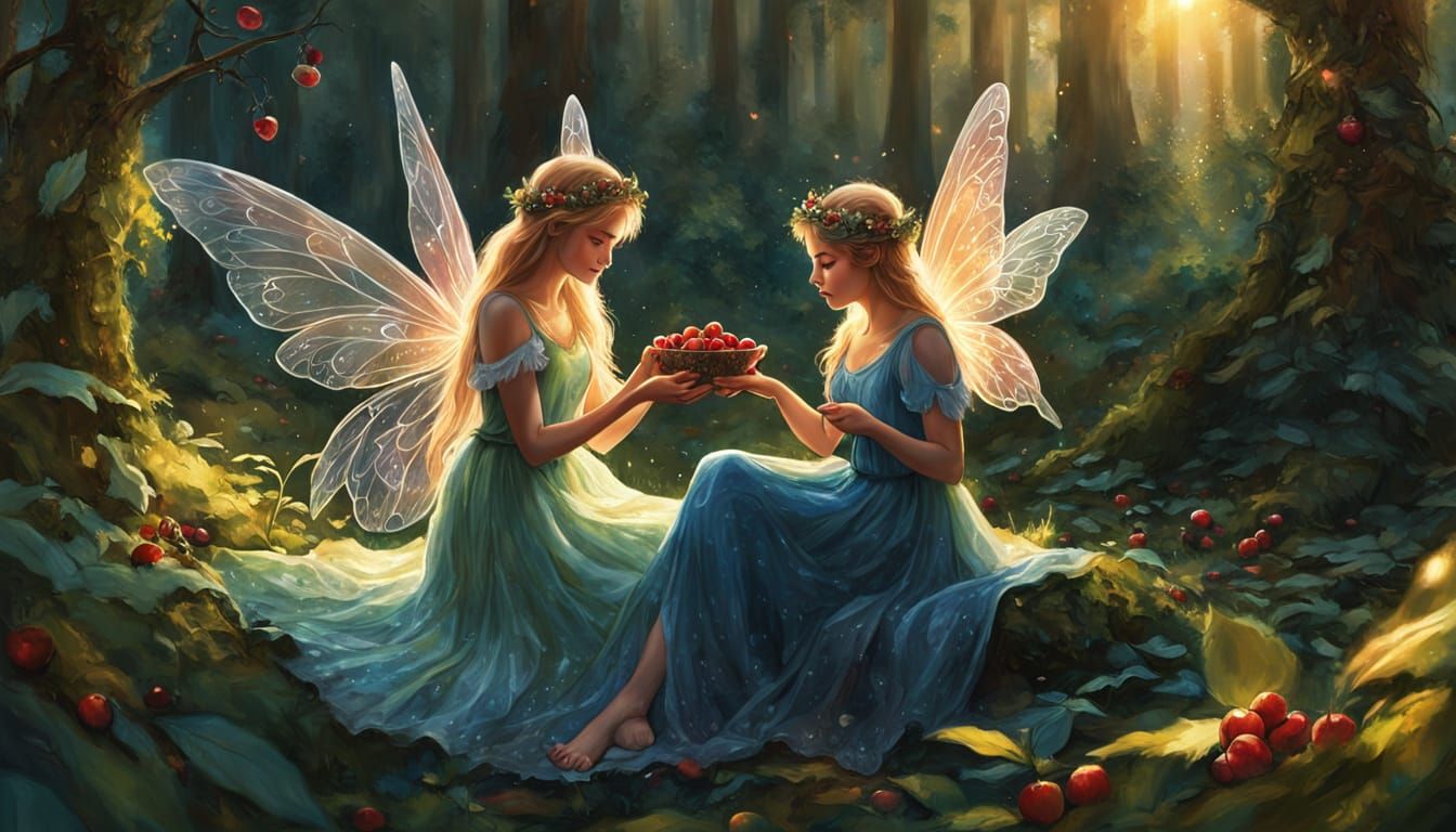 Young Fairy Helps Elder Gather Berries for Jam