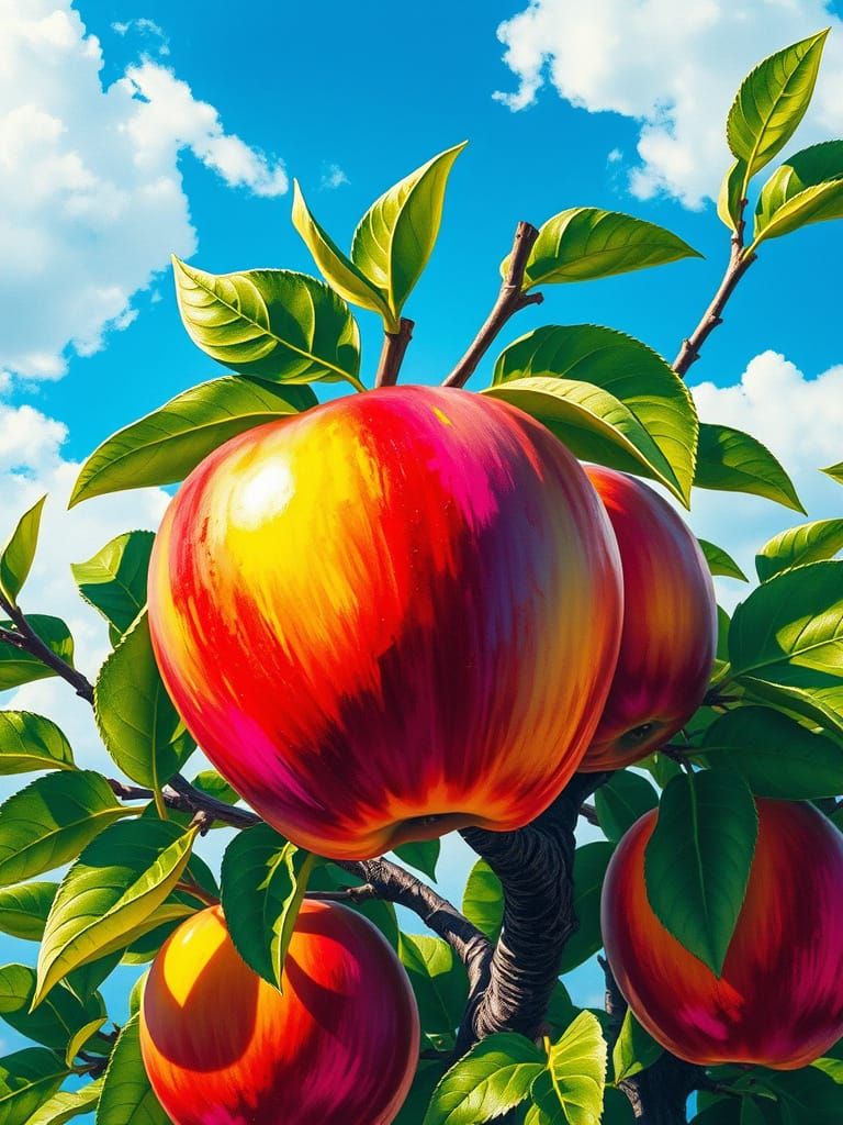 Vibrant Rainbow Apples Growing from a Gnarled Tree
