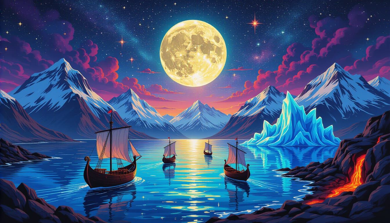 Dark Fantasy Gothic Map with Viking Ships and Volcano