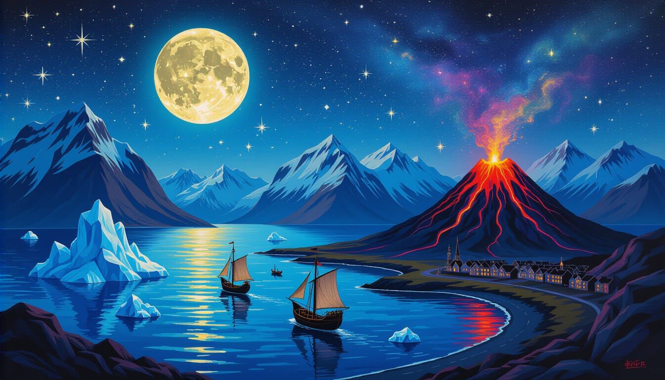 Dark Fantasy Viking Map with Lava Volcano and Northern Light...