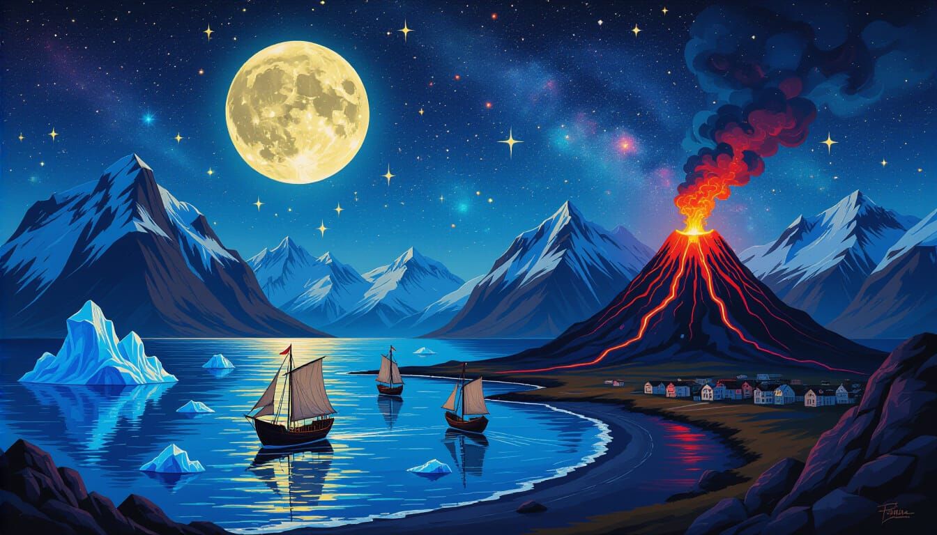 Dark Fantasy Medieval Map with Viking Ships and Volcano