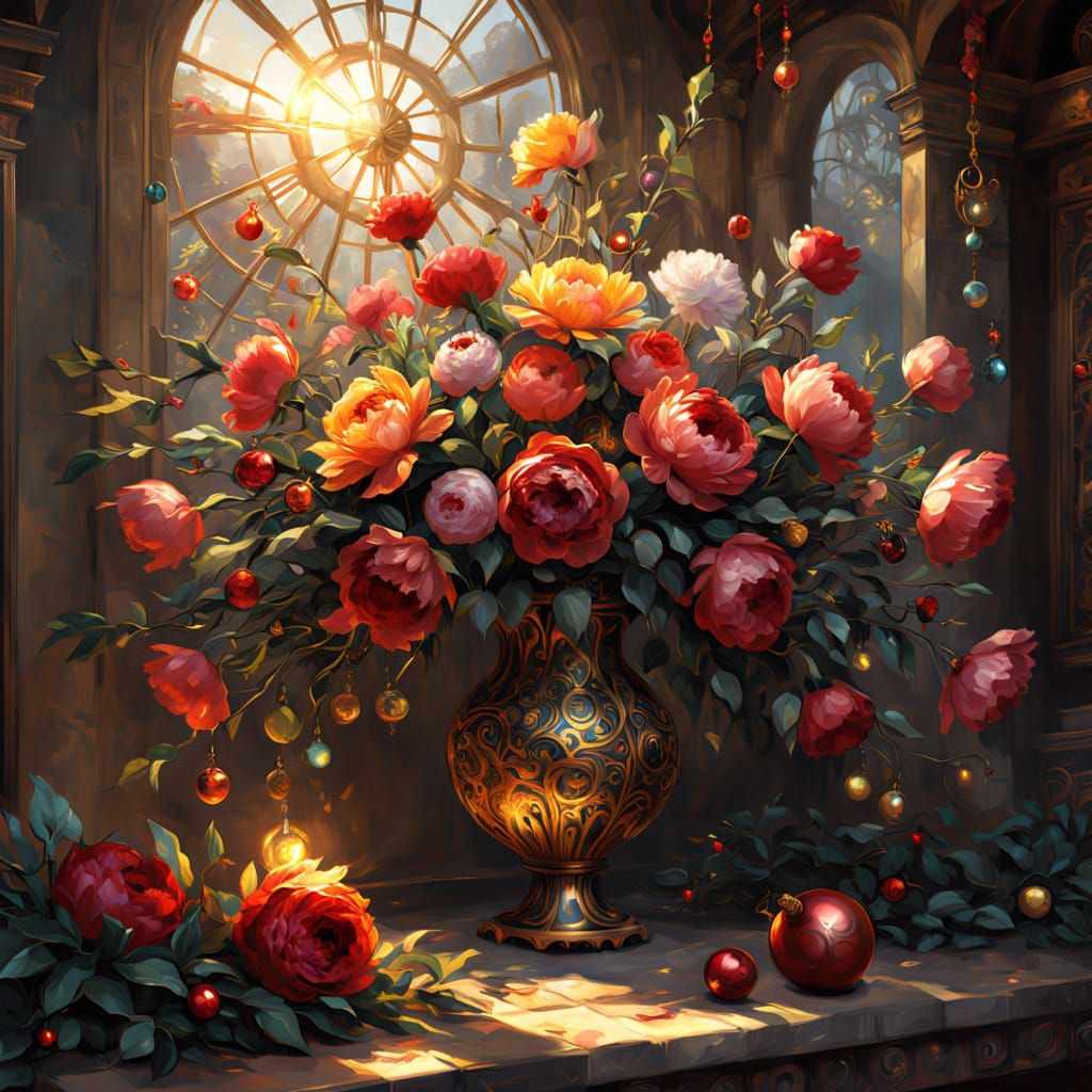 Christmas Floral Still Life in Impasto Acrylic