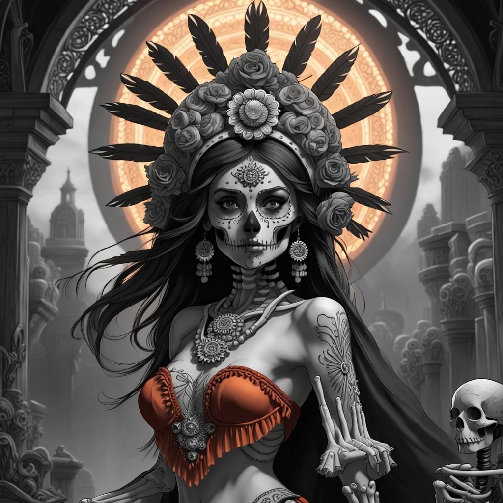 Monochrome Aztec Skeleton Art in Dark Fantasy Style