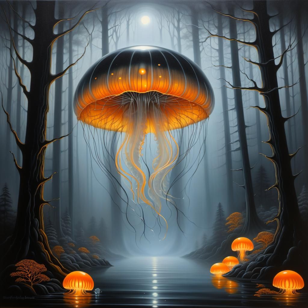 Eerie Forest Scene with Floating Jellyfish