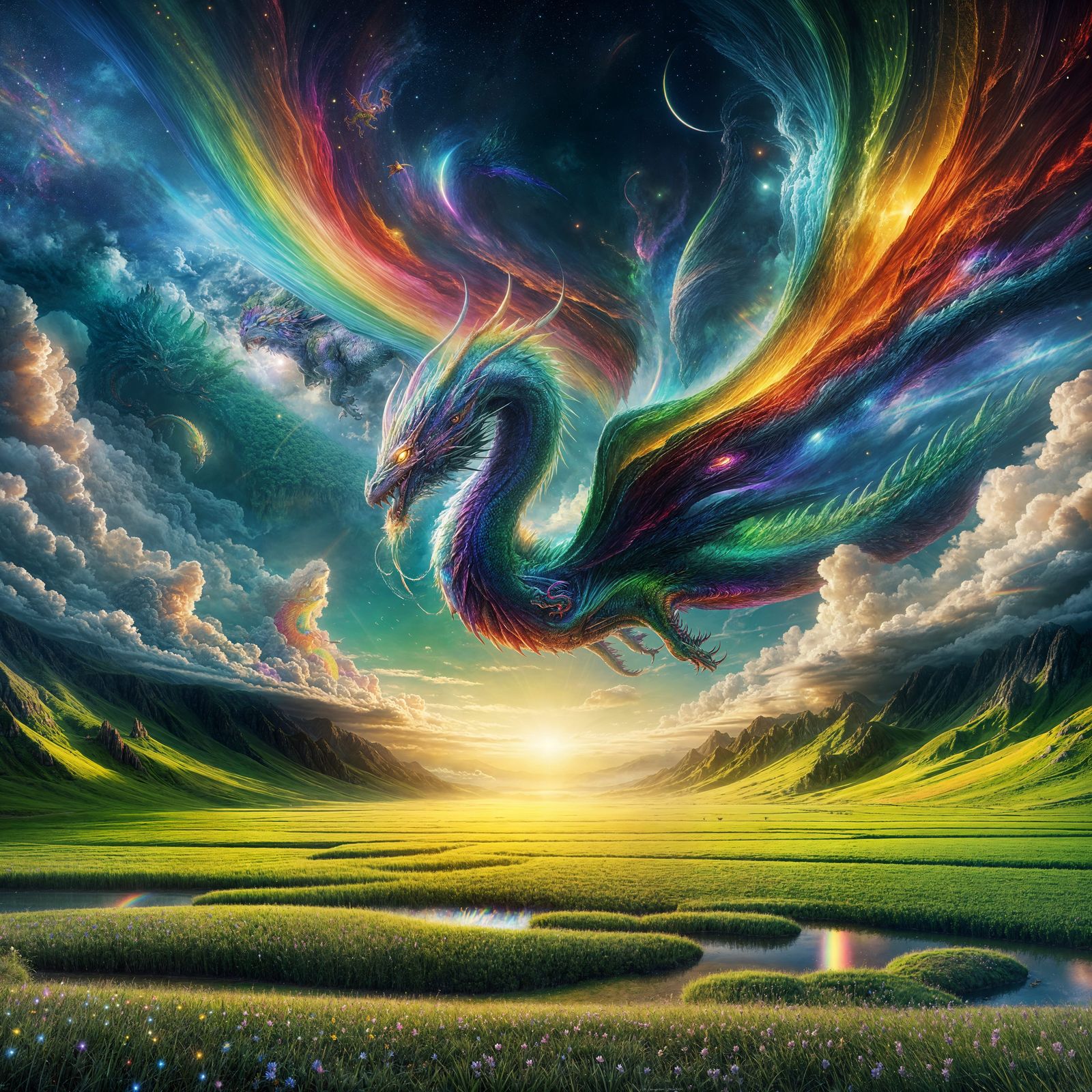 Rainbow Dragon Concept Art in Fantasy Landscape