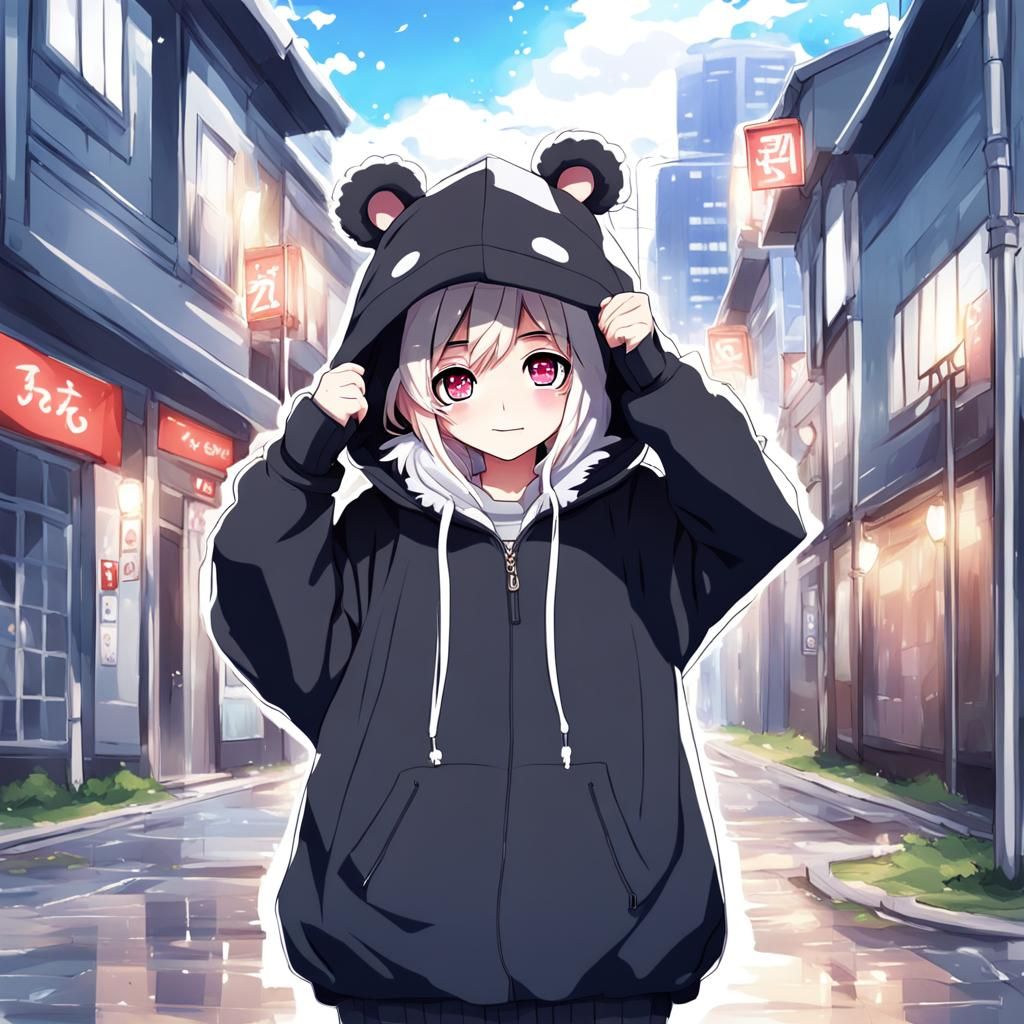 Anime Bear Girl in Oversized Hoodie