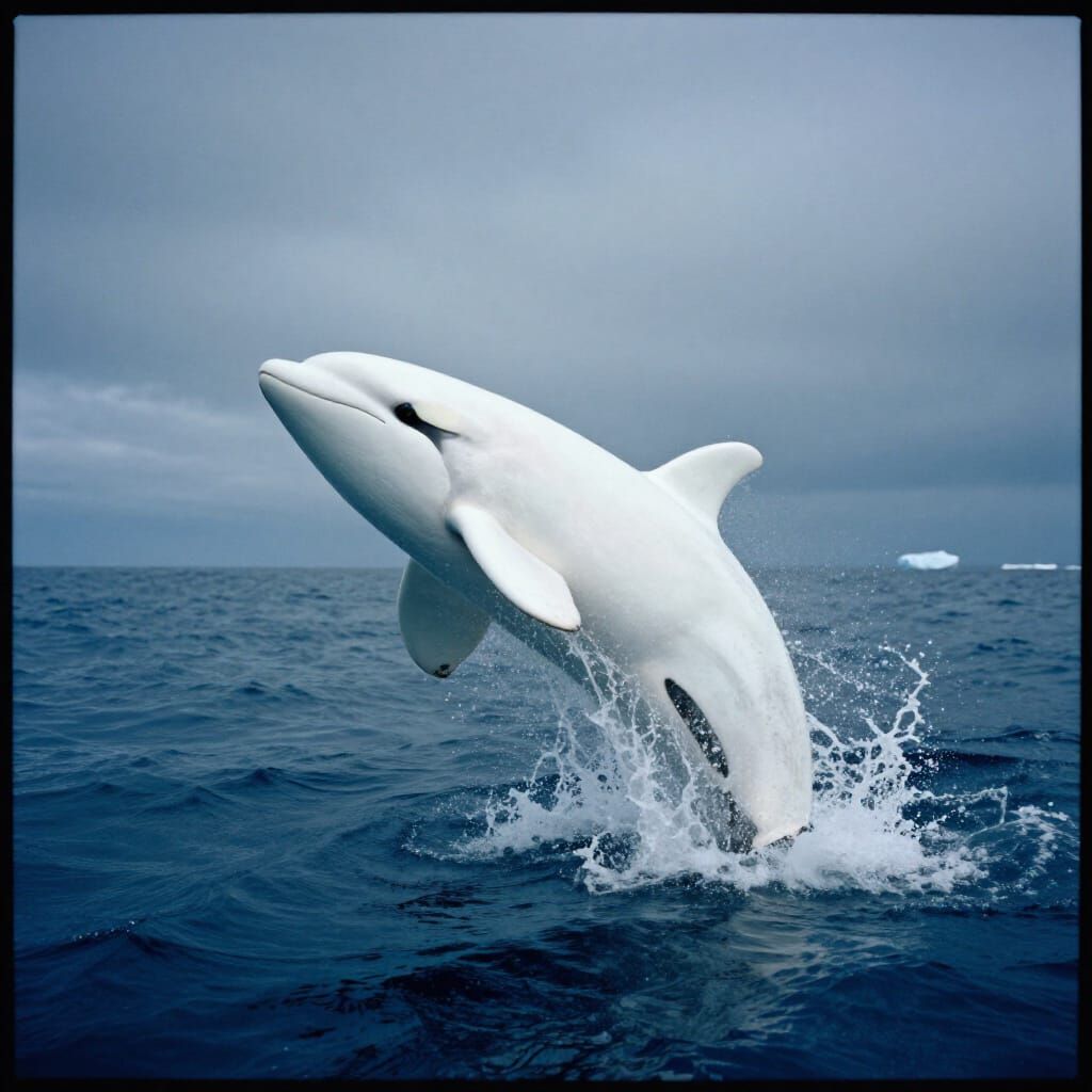 White Orca Breaching in Deep Blue Ocean Cinematic Still