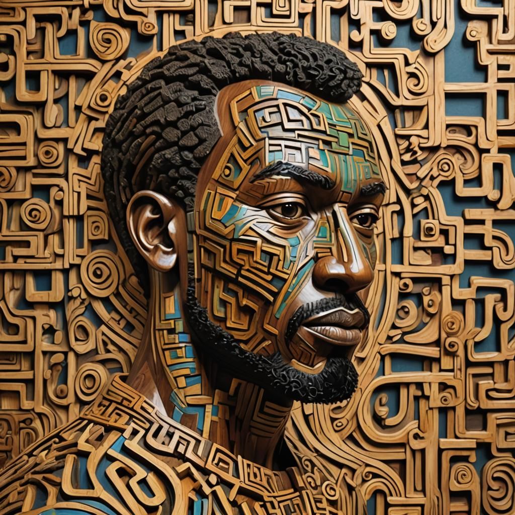 African Pattern Wood Sculpture in Hyperrealistic Style