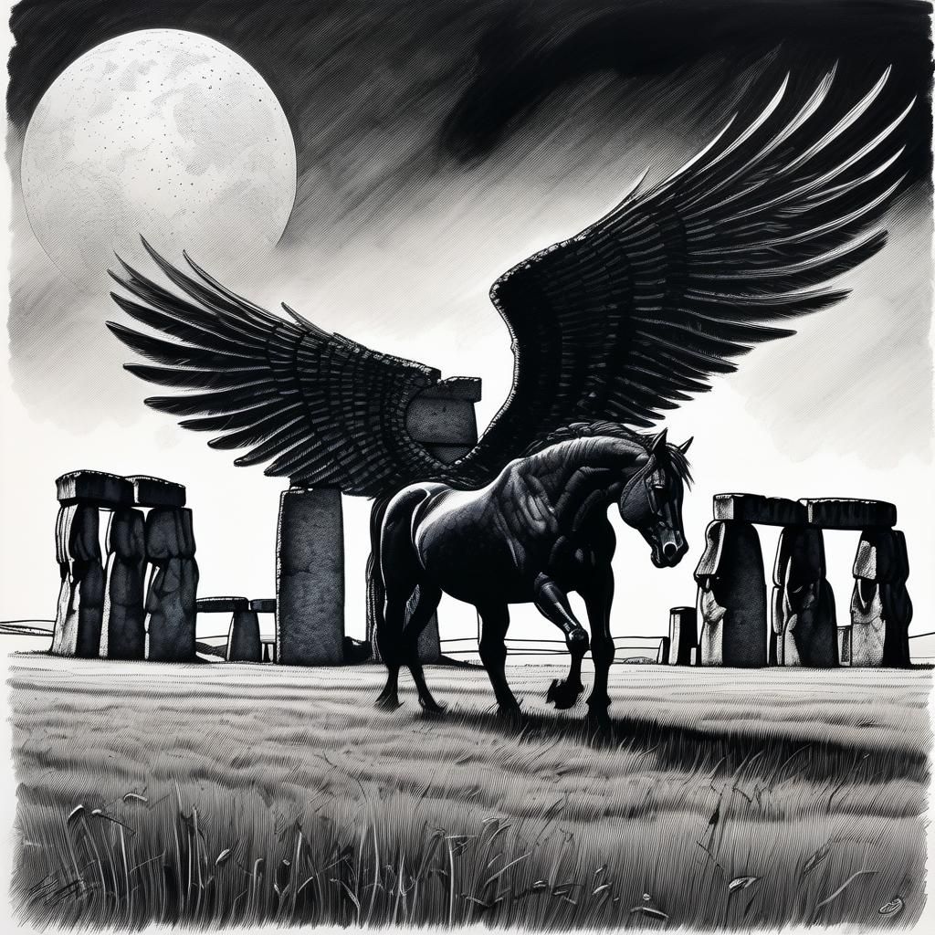 Black Pegasus grazing at Stonehenge, Ink and Brush, High Con...
