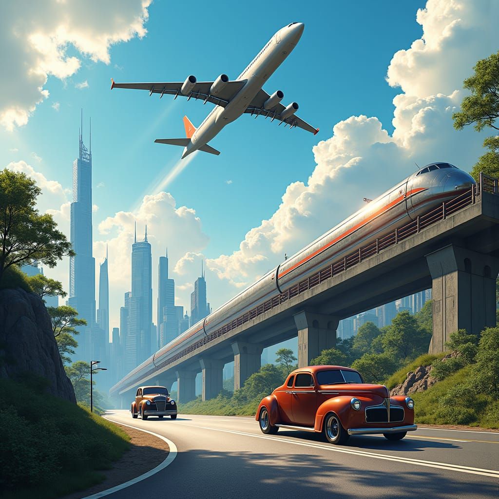 Futuristic Metropolis: High-Speed Train and Vintage Car