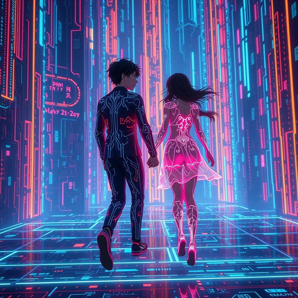 Taki and Mitsuha in Tron-Inspired Cyberpunk Battle