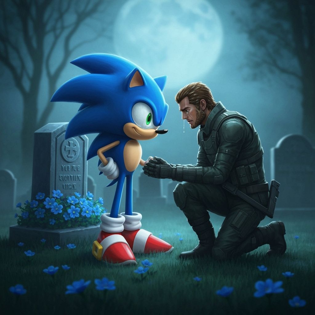 Sonic's Grave: Snake Mourns in Moonlit Cemetery