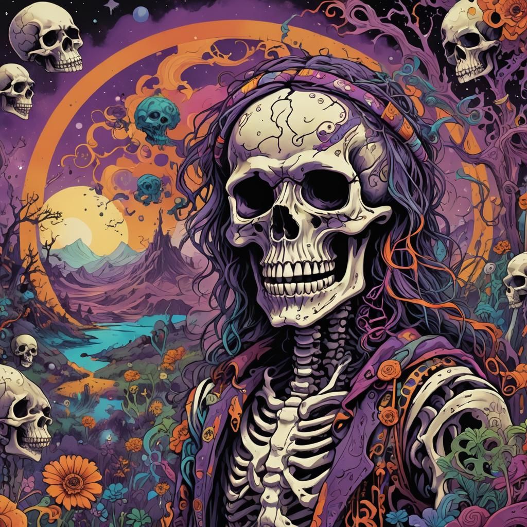 Psychedelic Skeleton in Surreal Landscape, Fantasy Art