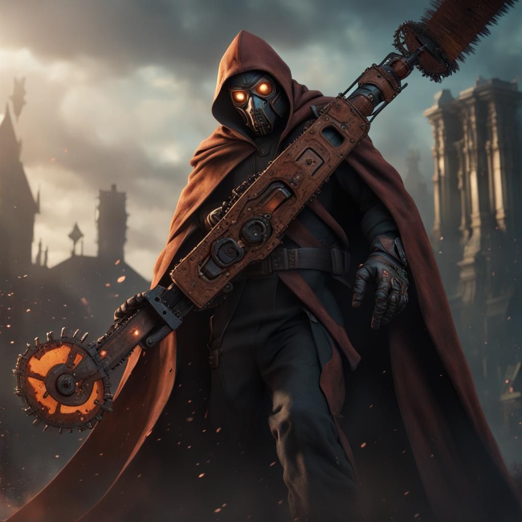 Masked Figure with Chainsaw Arm in Apocalyptic Art