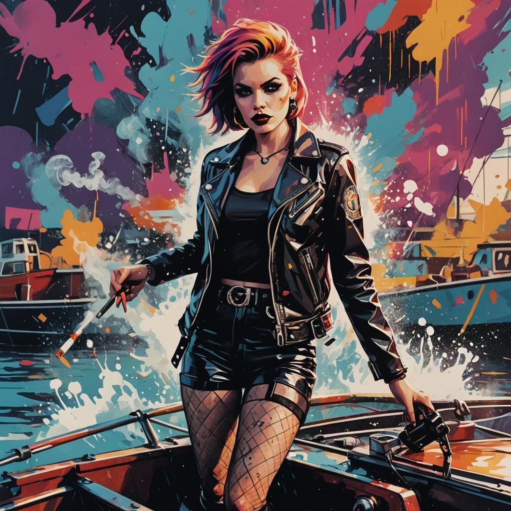 Punk Rockabilly Girl on Boat in Pop Art Style