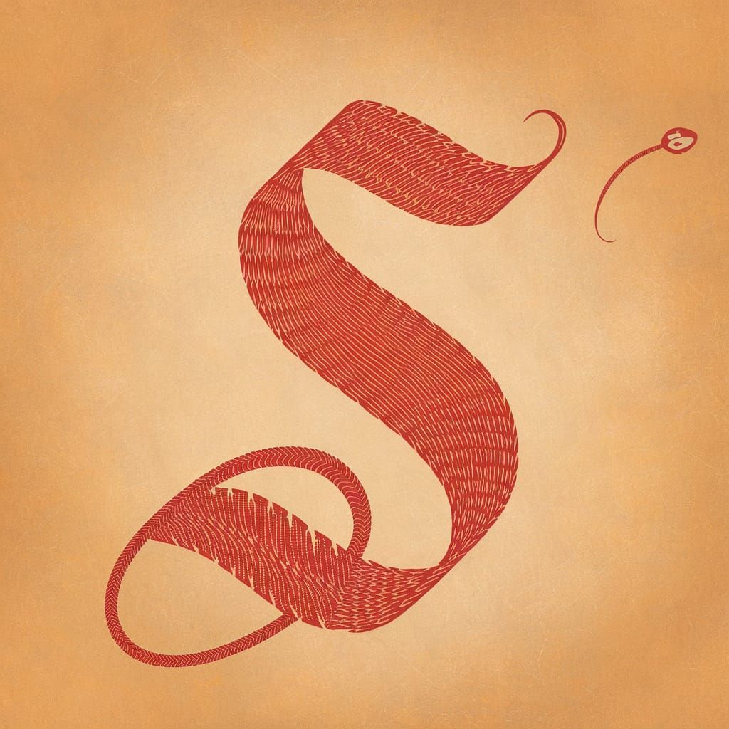 Stylized Calligraphy Snake in Red Ink and Pen Line Art
