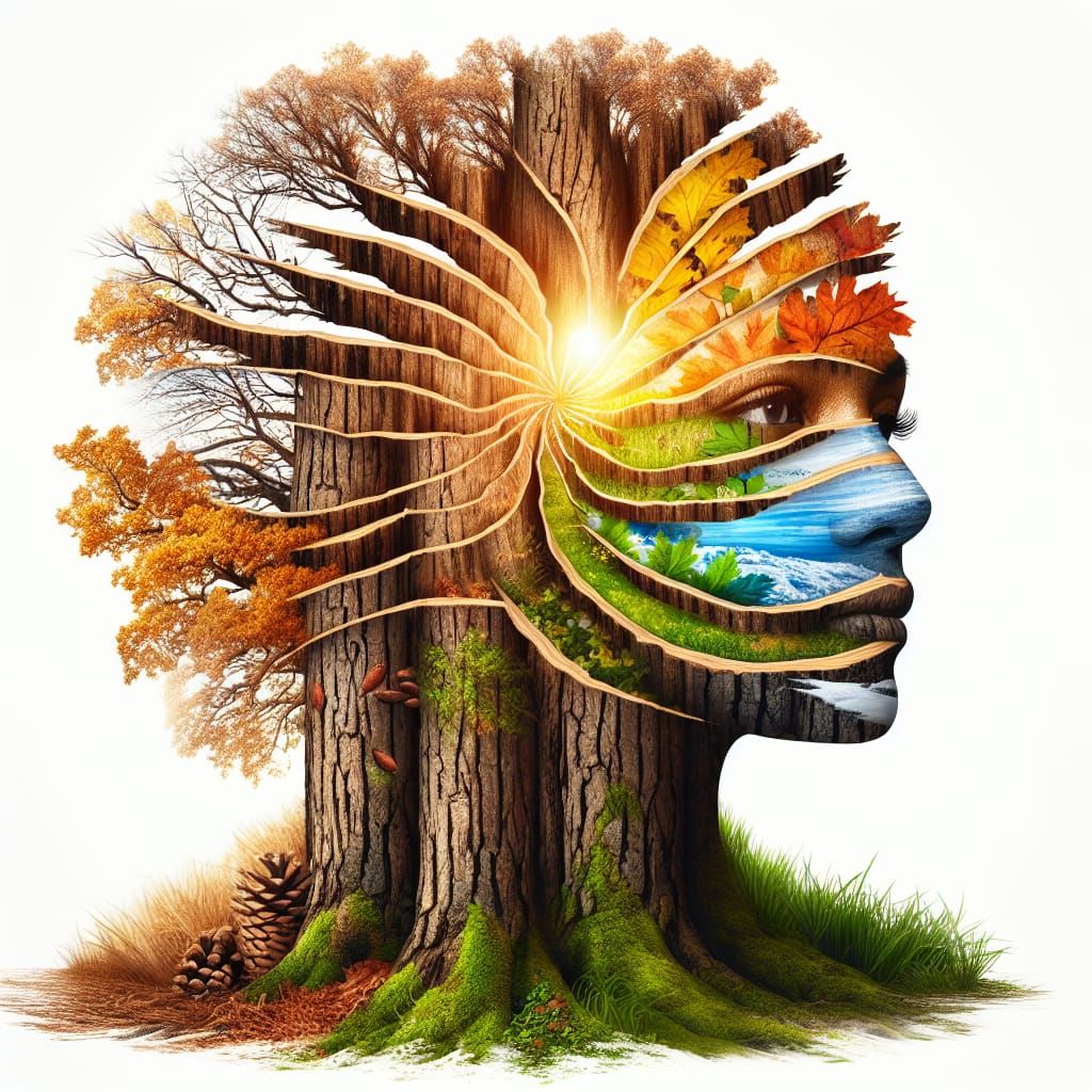 Oak Tree Double Exposure Art: Seasons in Harmony