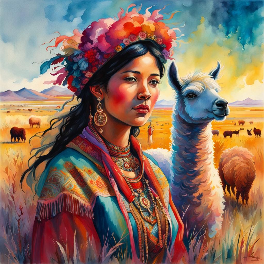 Bolivian Woman and Alpaca Portrait in Watercolour Style