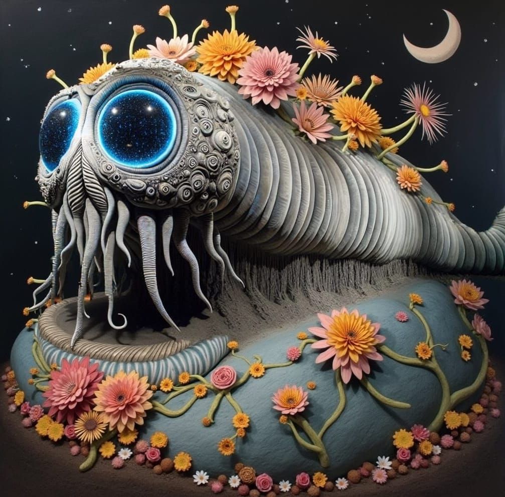 Freestanding Colossal Biolucent Denim Sandworm in Dramatic Pause Vanishing Point Trompe L'oeil