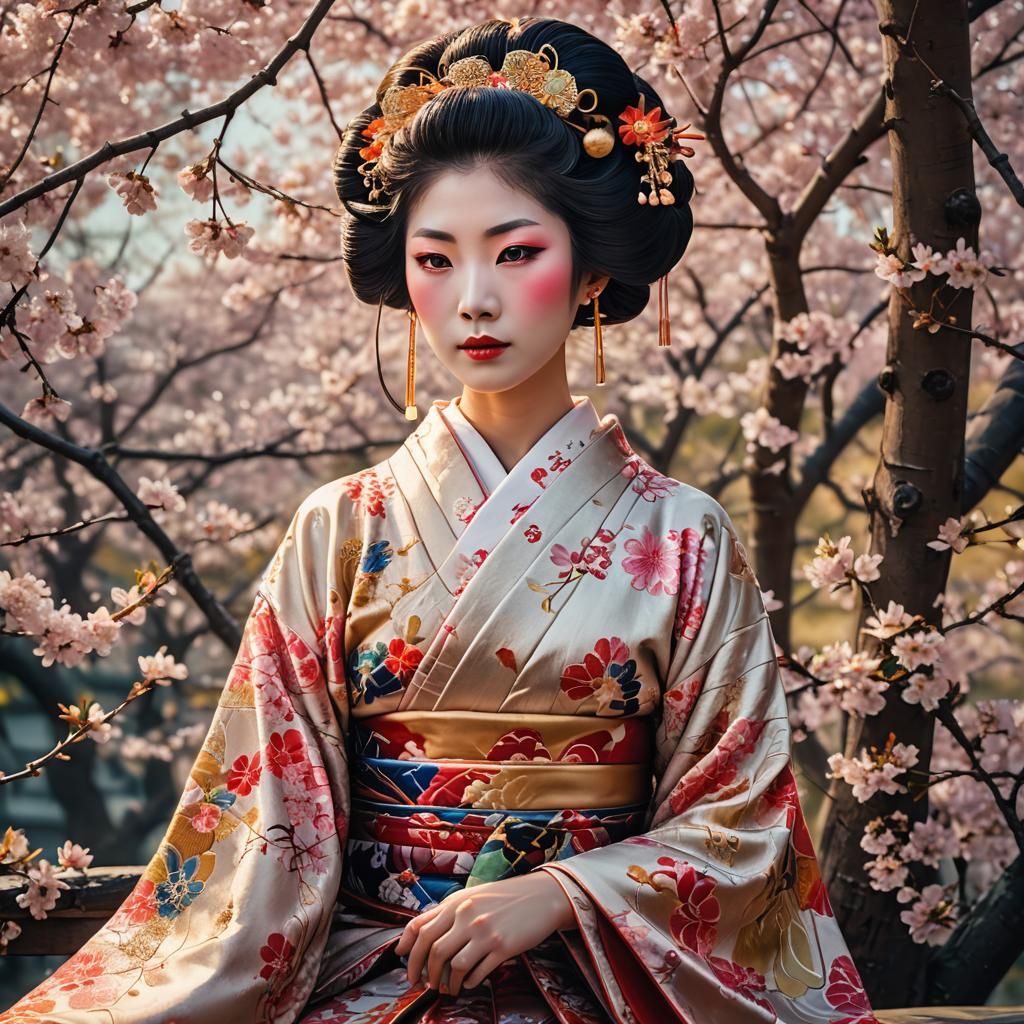 Fantasy Geisha Portrait with Cherry Blossoms