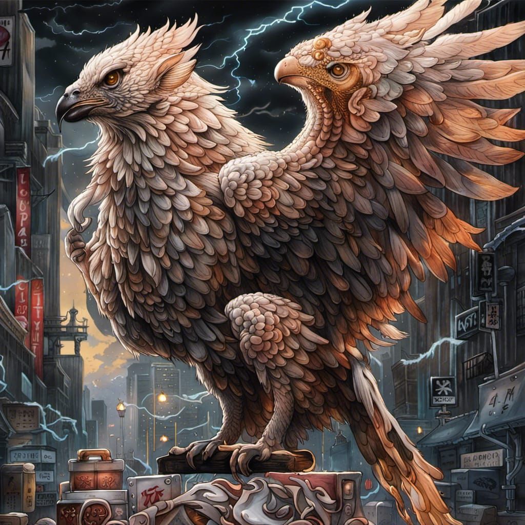 Hyperrealistic Griffin in Japanese Manga Graffiti Style