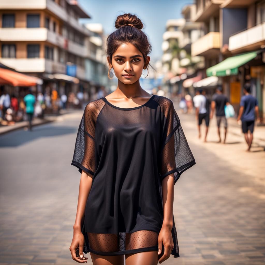 Anime Style Indian Woman in Sheer Mesh Dress