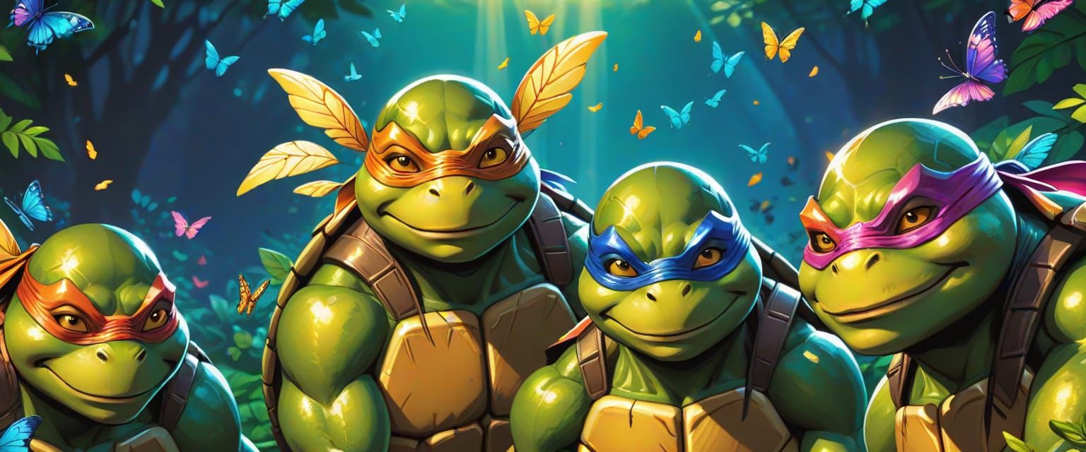 Ninja Turtles Surrounded by Butterflies in Comic Book Style