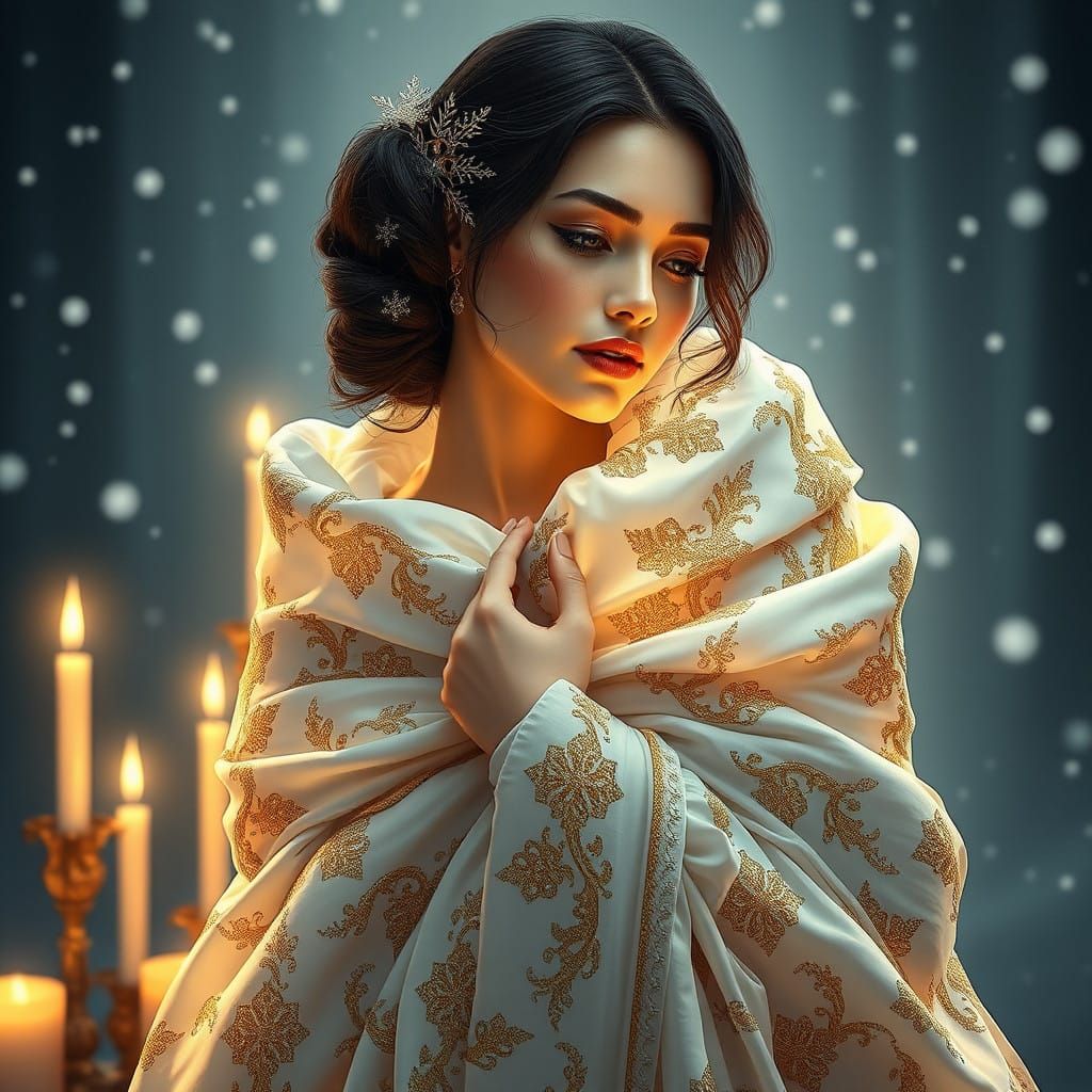 Serene Christmas Goddess in Elegant White Gown with Snowflak...