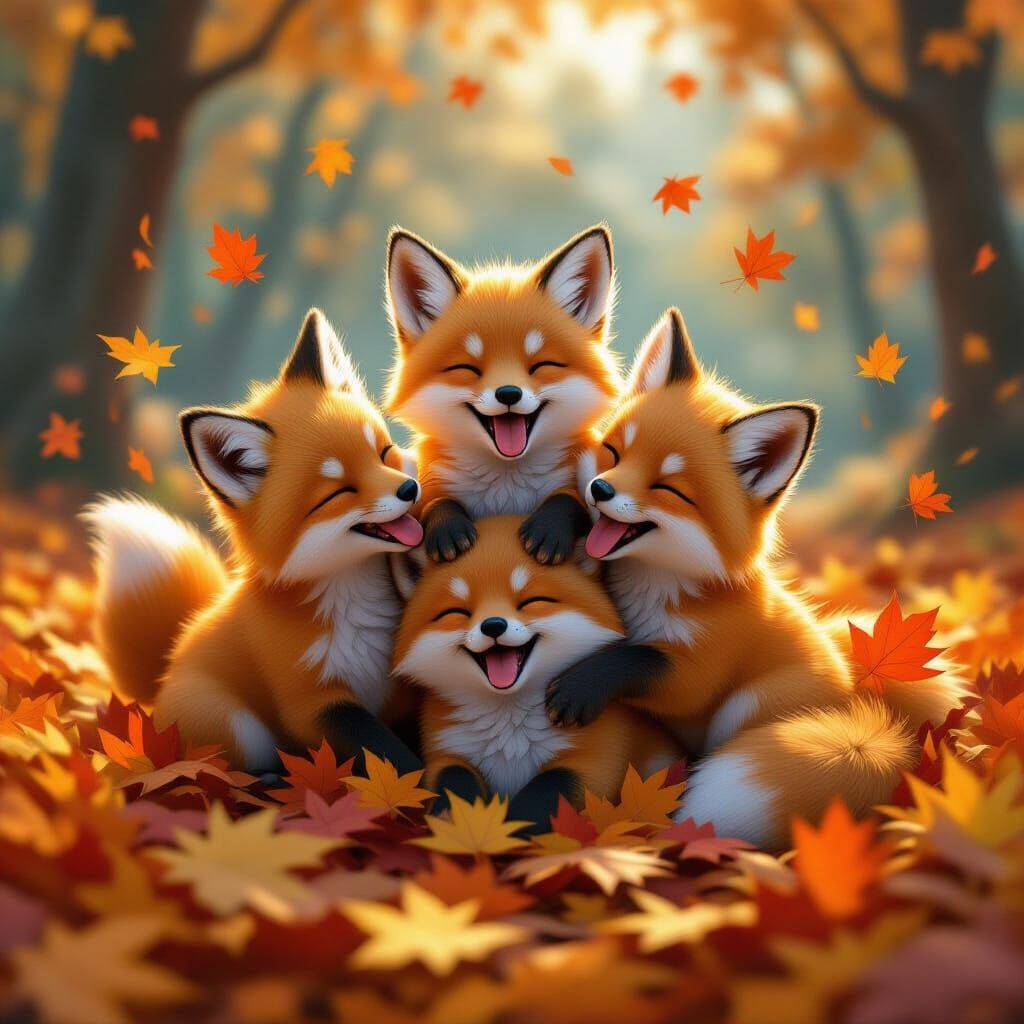 Adorable Fox Puppies Play in Vibrant Autumn Leaves
