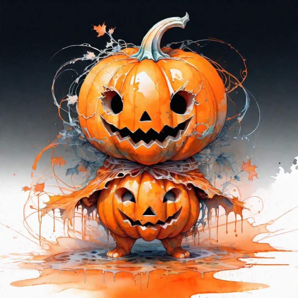Chibi Pumpkin Ghost Watercolour Painting with Plasma Effects