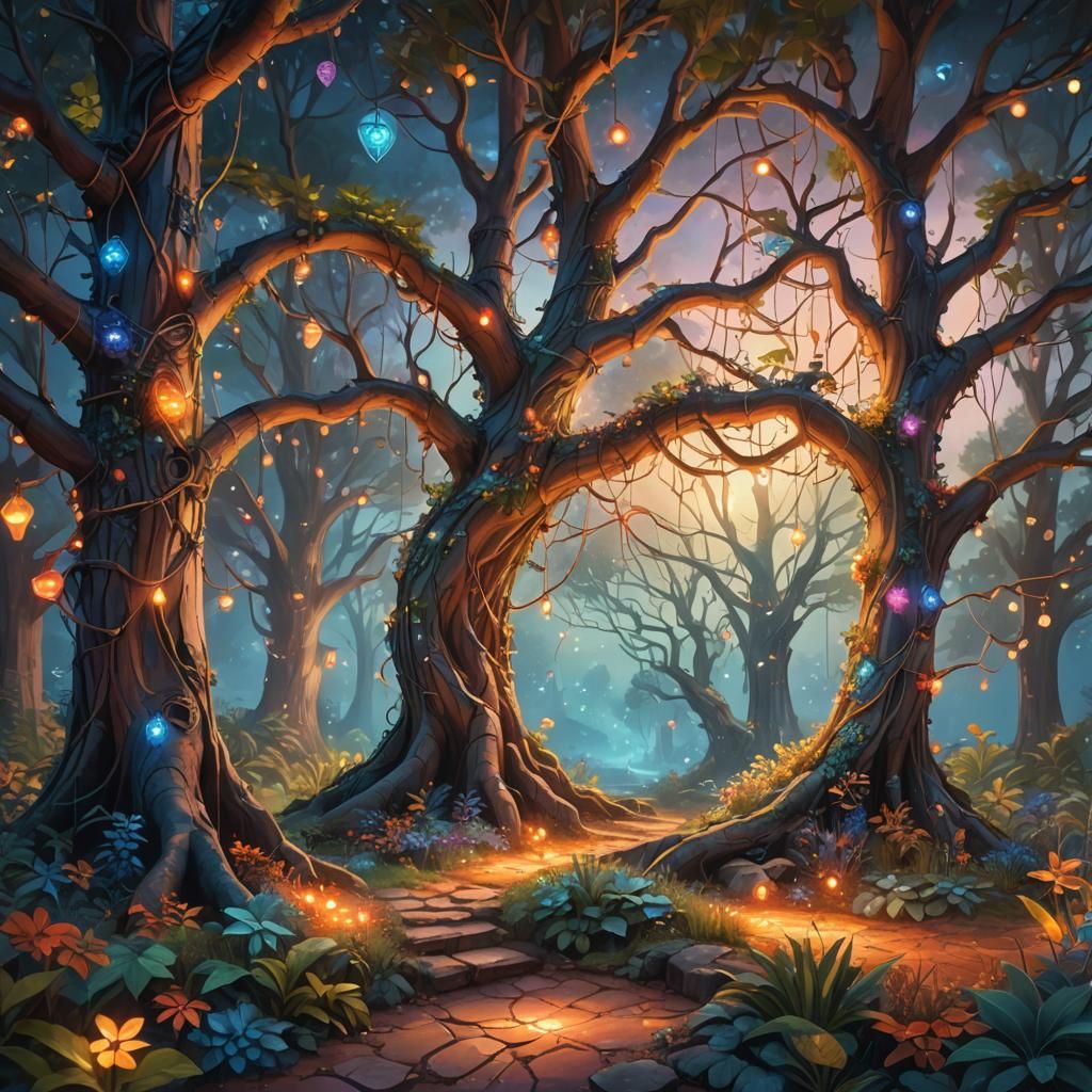 Magical Land with Fairy Lights as Impasto Painting