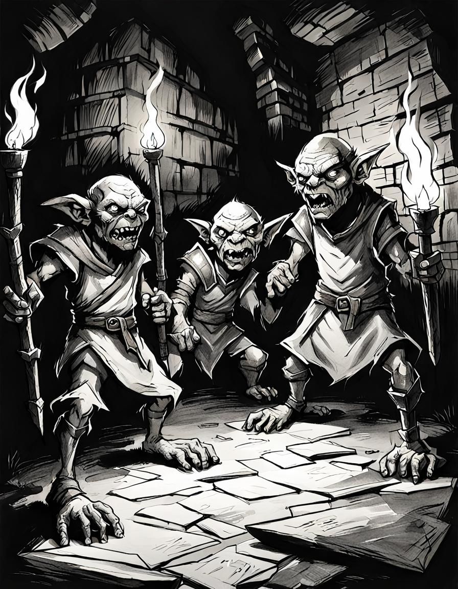 Goblin Fighters in Dungeon, Comic Book Charcoal Sketch