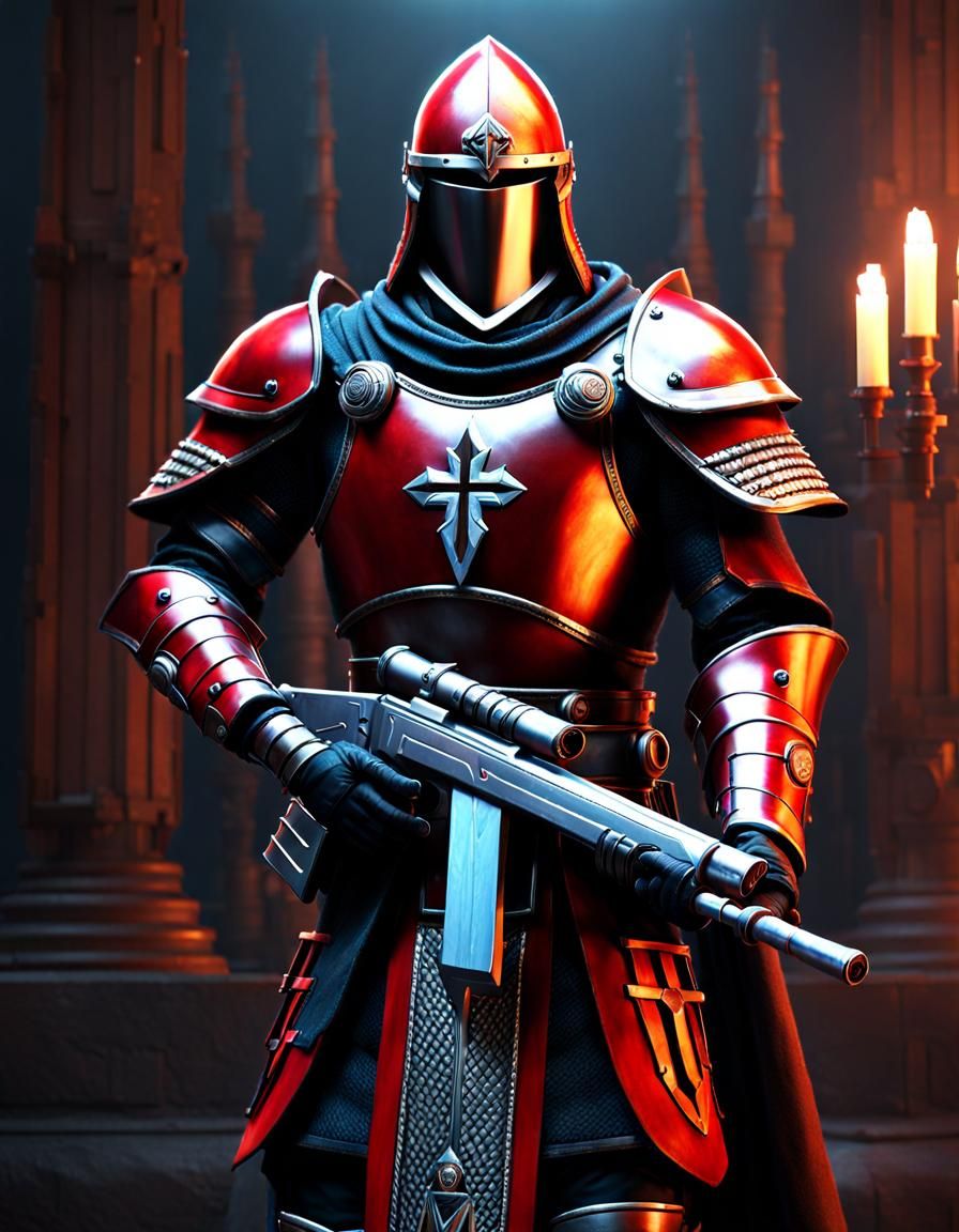 Sci-Fi Templar Knight on Battlefield, Digital Art