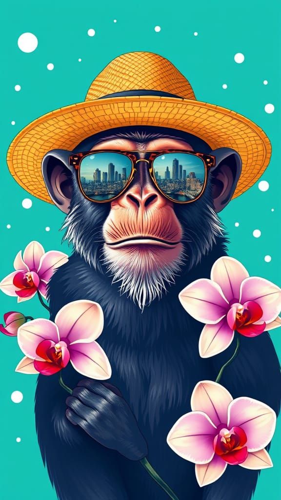 Monkey in Tropical Cityscape, in Illustrative Style