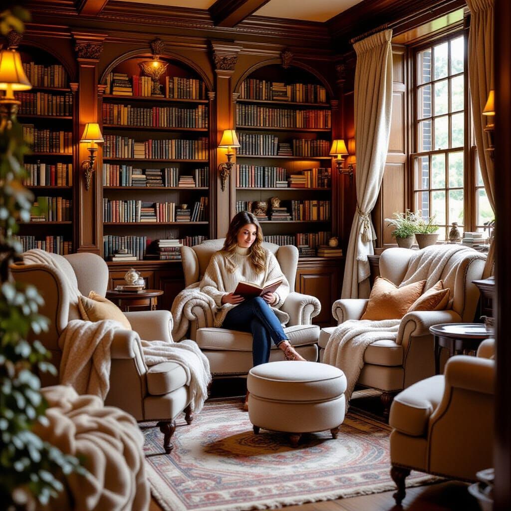 Cozy Reading Nook in Vintage Library Illustration