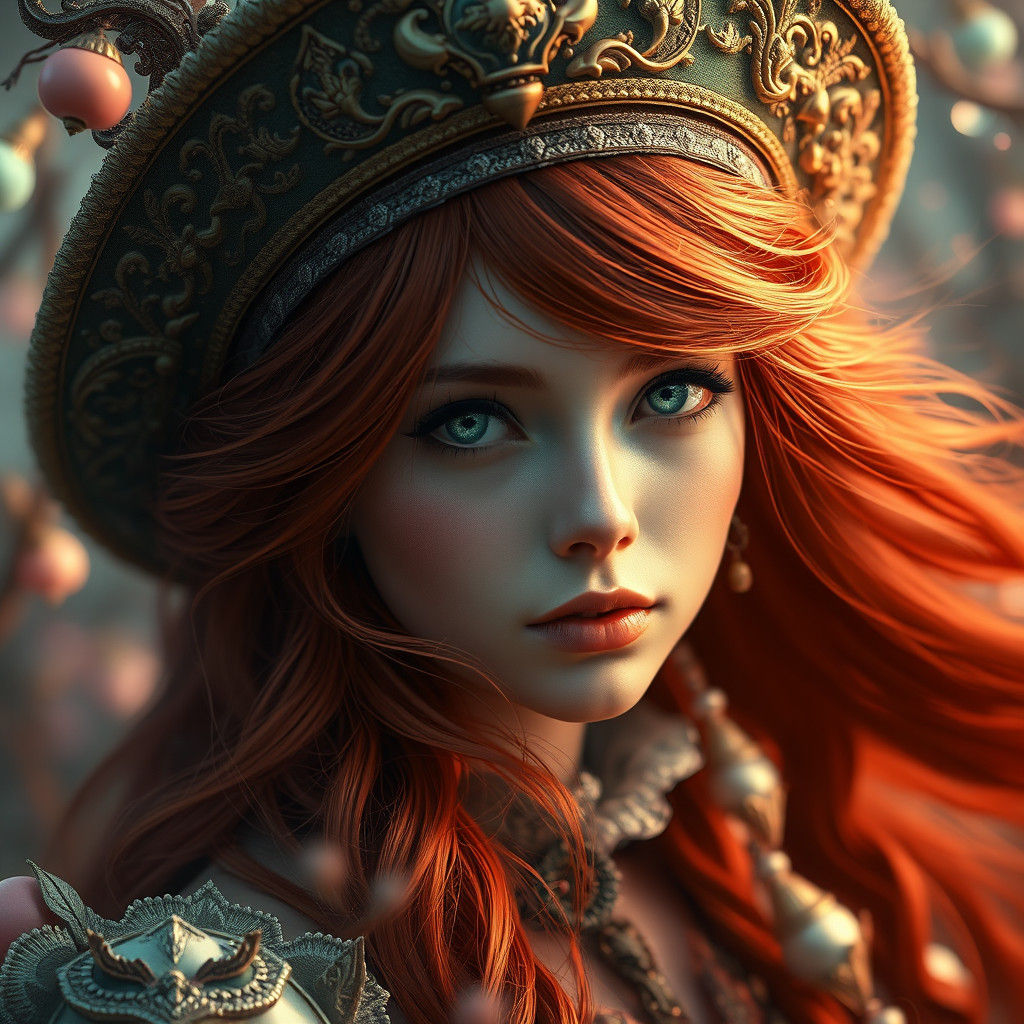 Redhead in Dreamlike Fantasy Landscape, Digital Art