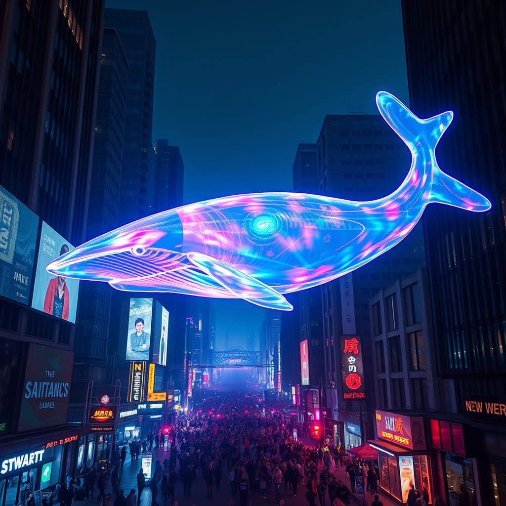 Dystopian Cyberpunk Holographic Ad Captivates City Crowd