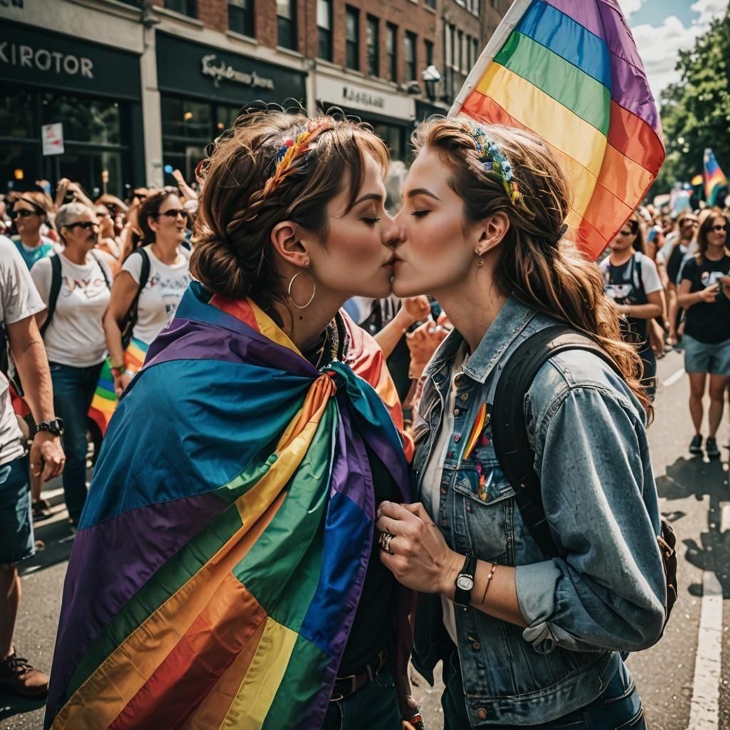 Women Kissing at Pride Parade with Rainbow Flag