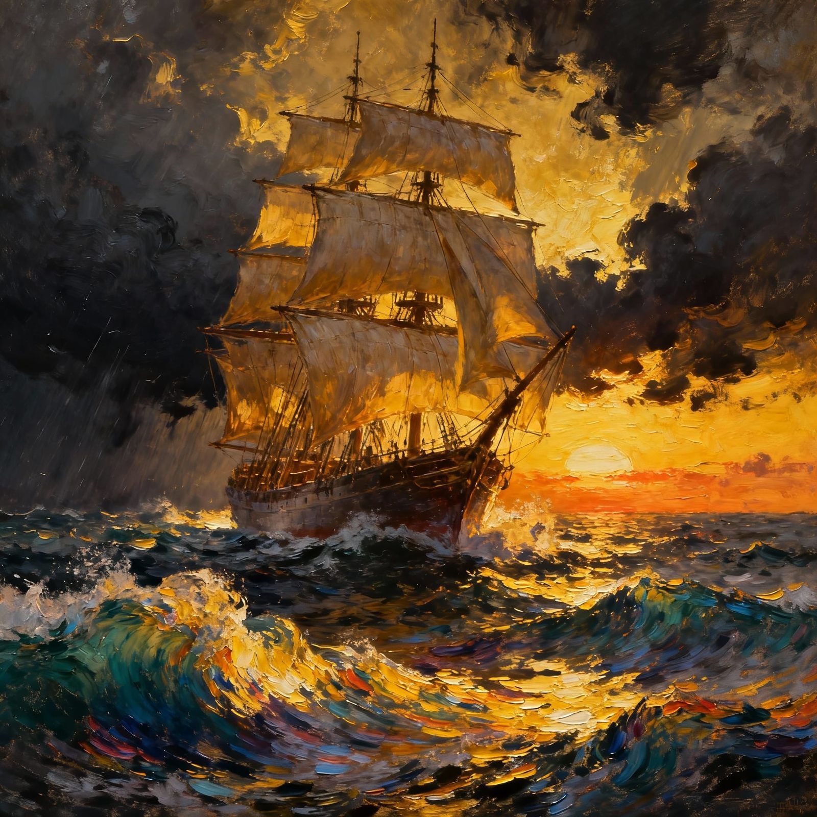 Majestic Tall Ship Battles Storm at Sunset Oil Painting