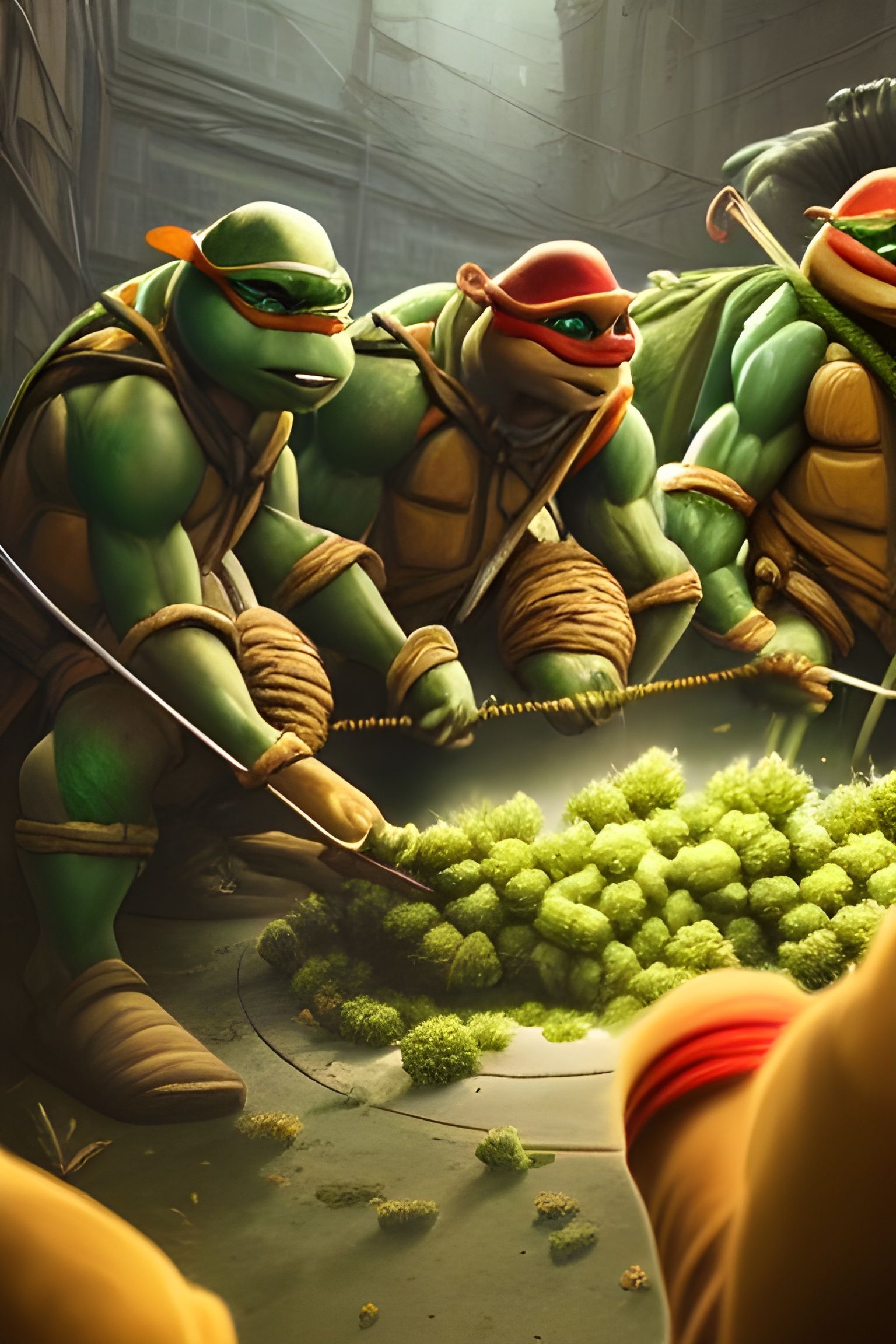 Ninja Turtles' Cannabis Feast: Detailed Digital Art
